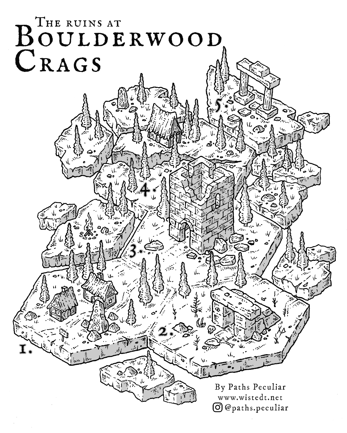 Isometric hex map – the ruins at Boulderwood Crags