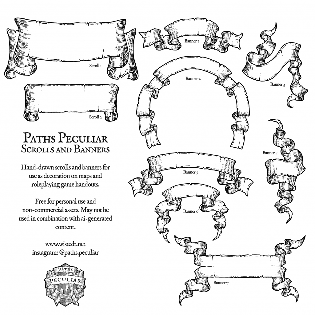 Hand-drawn scrolls and banners for fantasy map-makers - Paths Peculiar