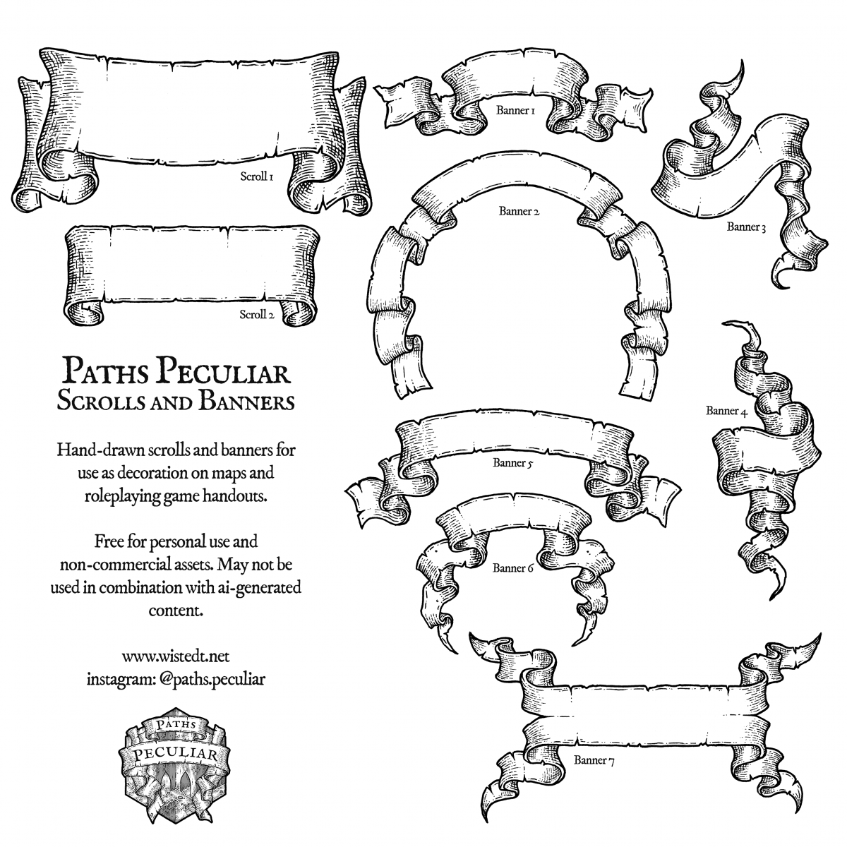 A set of hand-drawn scrolls and banners for use as decoration on maps and roleplaying game handouts.