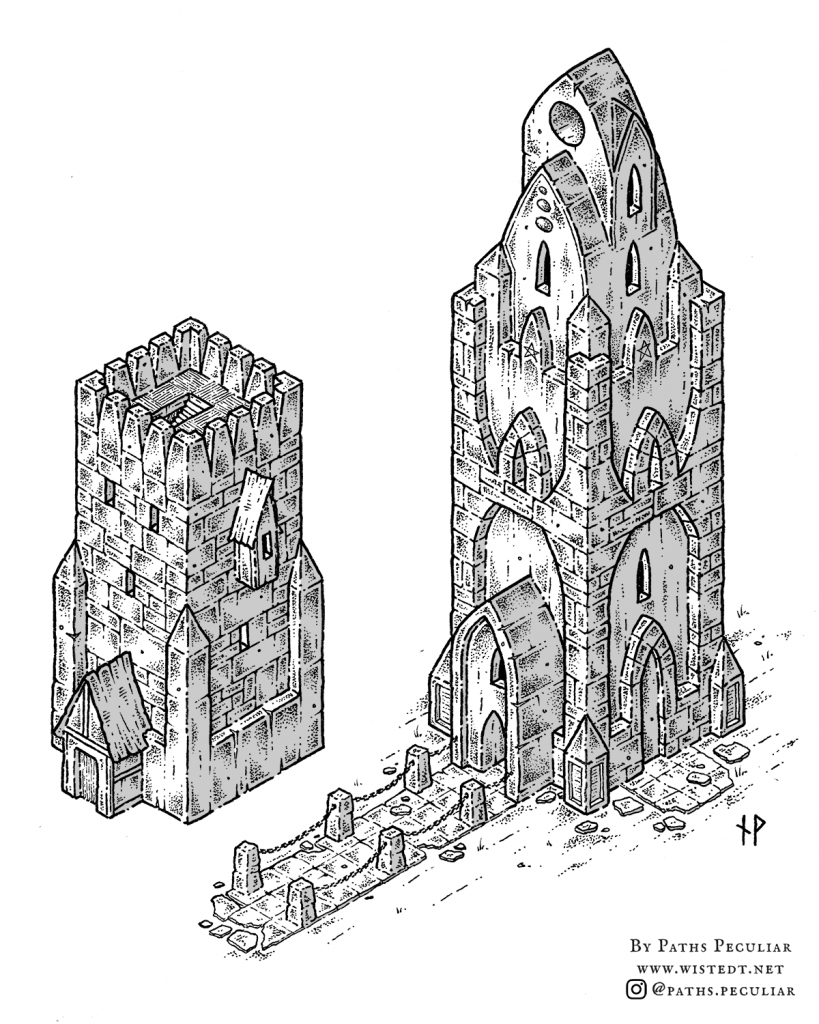 Finished isometric drawing of a fantasy/medieval tower.