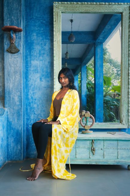 Handvävd växttryckt bambukaftan Vild mynta