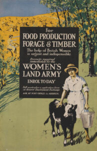 WW1 Recruitment poster showing a Land Girl, full-length facing figure, in white coat and sun hat, holding a bucket in her left hand. Source: Art.IWM PST 5489, c.1918