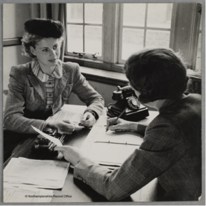 Iris Joyce leaving her office for an interview at Northamptonshire Institute of Agriculture Source: D8793, Northamptonshire Record Office. Courtesy of Dr David Wilson.