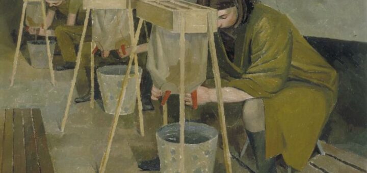 Milking Practice with Artificial Udders, by Evelyn Dunbar Source: Art.IWM ART LD 766