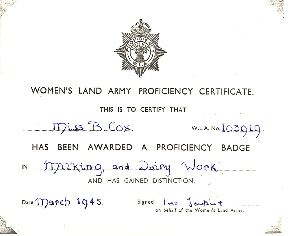 WLA Proficiency Certificate for B Cox, March 1945