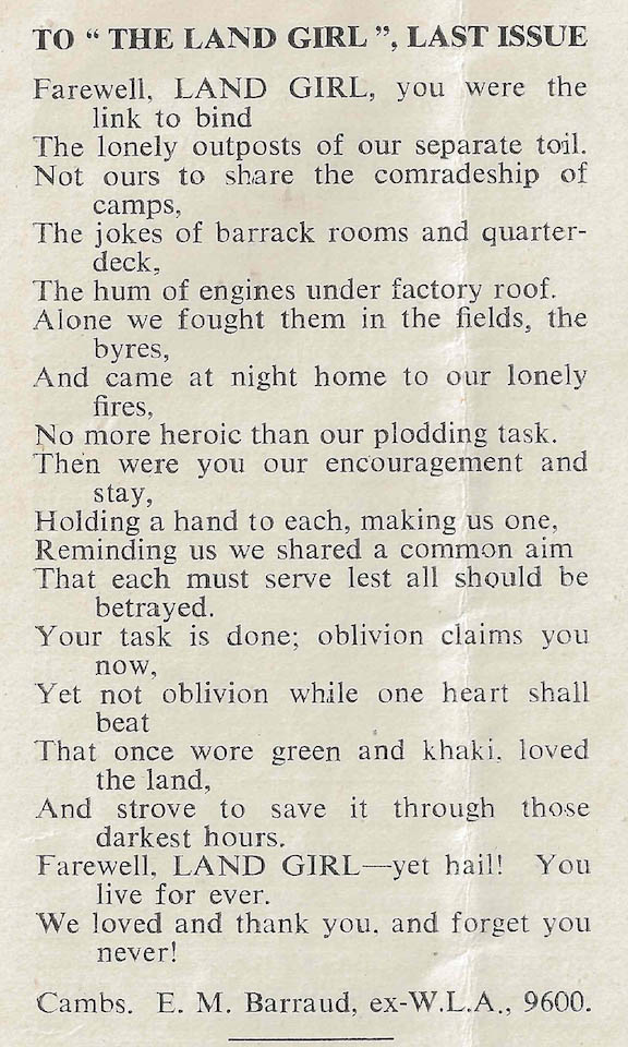 To The Land Girl, poem by E.M.Barraud.