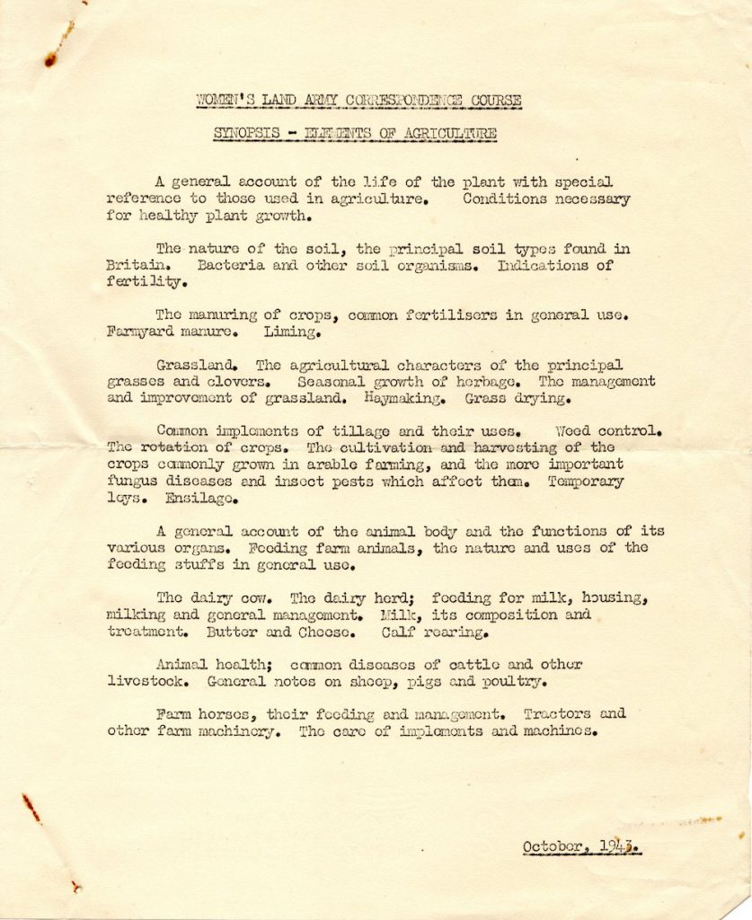 A summary of the Agriculture Course in October 1943. Source: Catherine Procter