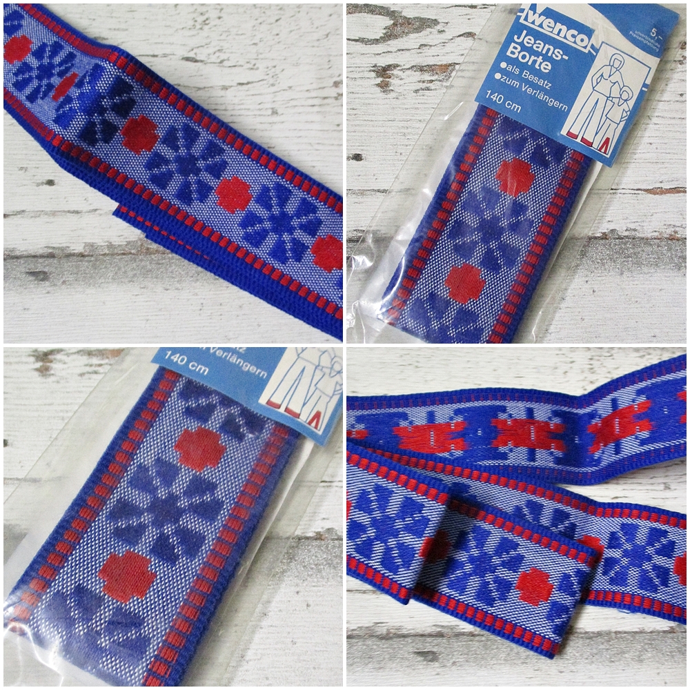 Jeansborte Polyacryl Vintage 70er blau rot floral Kollage - Woolnerd