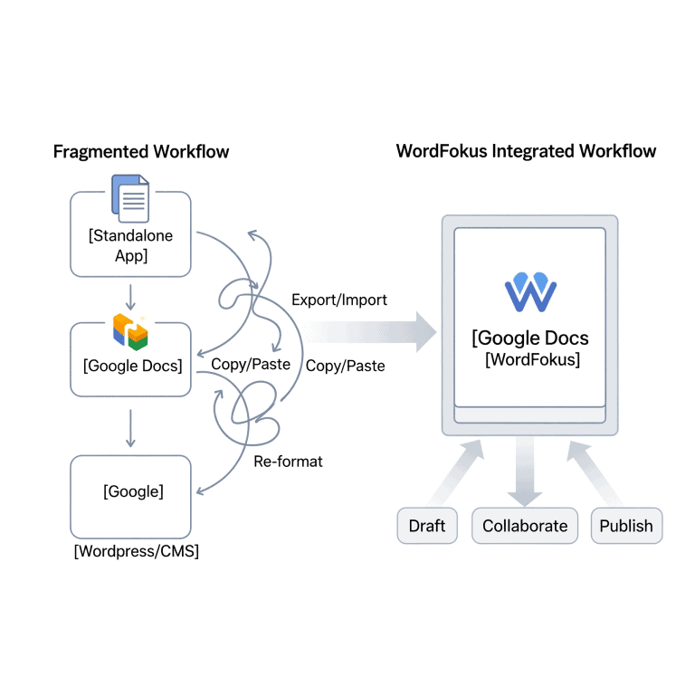 Diagram showing WordFokus integrated workflow with Google Docs and Google.