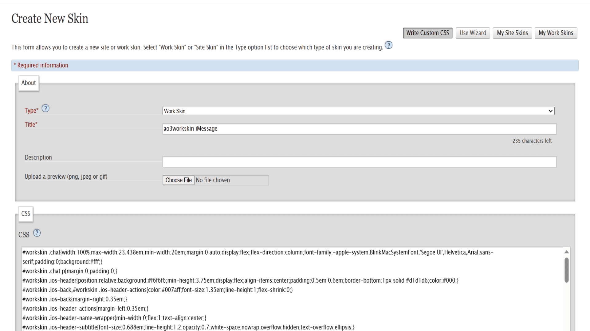 The AO3 Create New Skin form with Type set to Work Skin and a stylesheet pasted into the CSS box