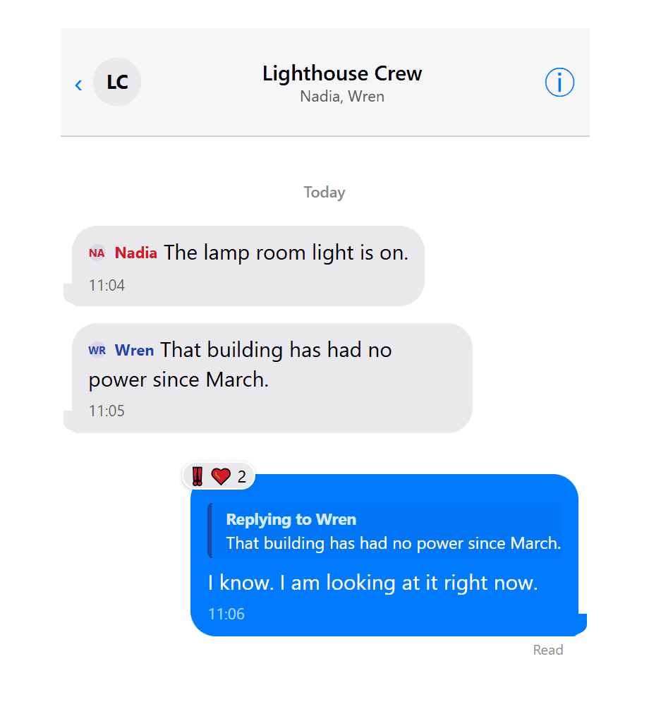 Fictional iMessage group conversation rendered with an AO3 work skin, showing a quote-reply and two Tapbacks
