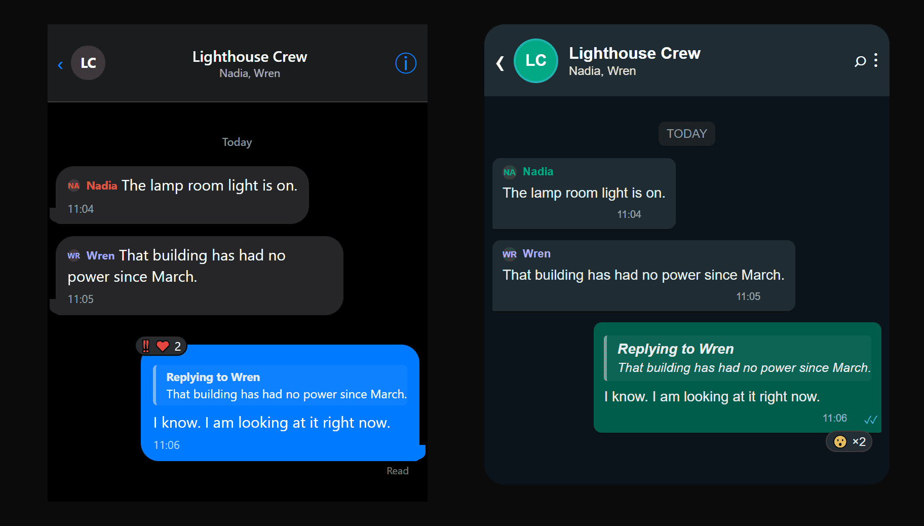 The same iMessage and WhatsApp conversations rendered in dark mode side by side