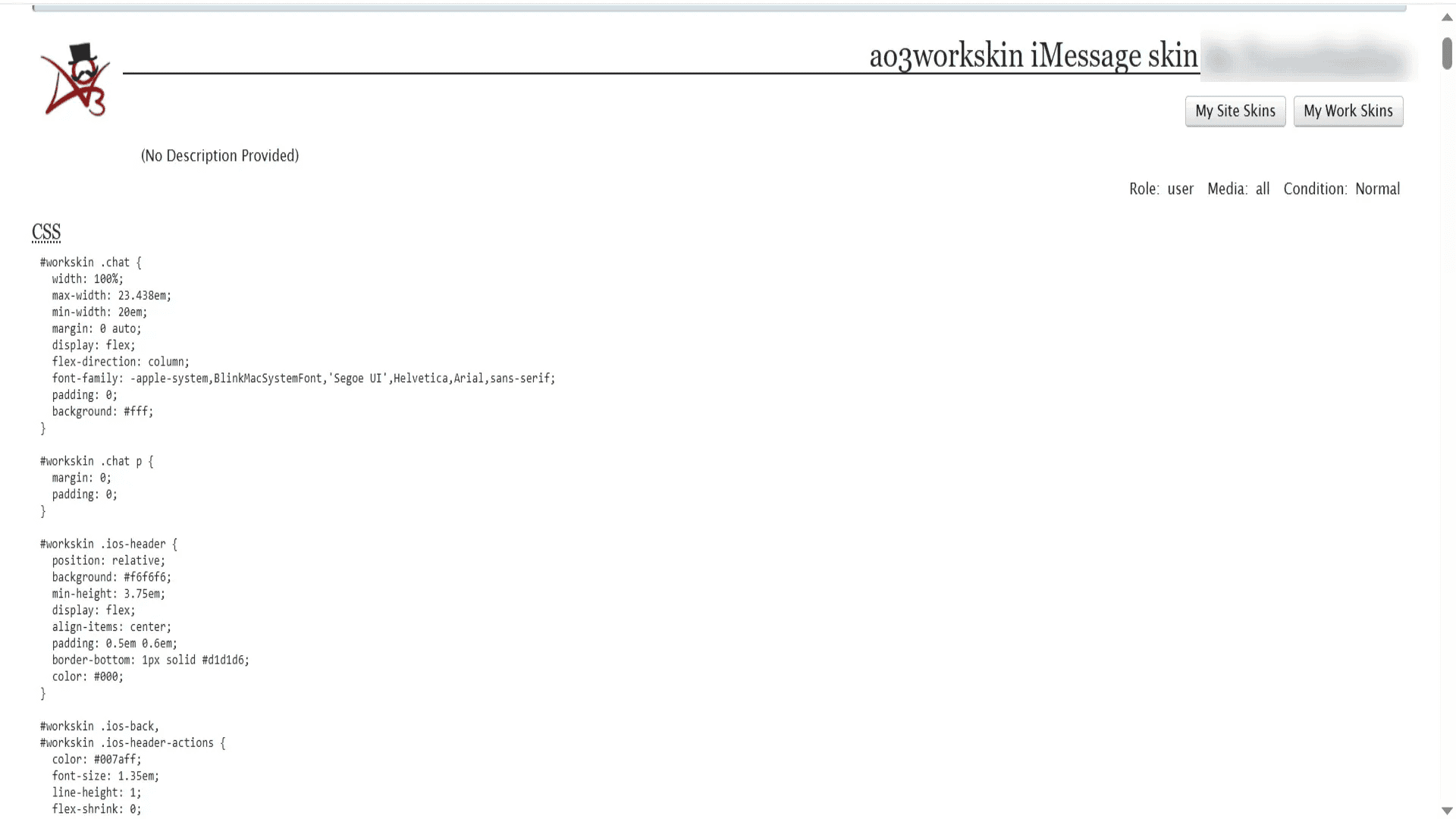 The same AO3 work skin reopened after saving, showing the reformatted CSS the archive stored