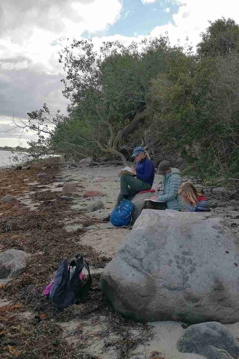 Skrivende på strand Endelave