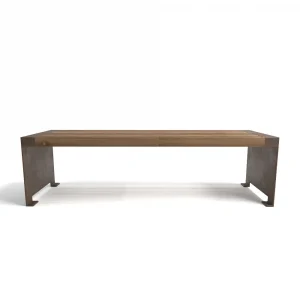 En modern rekreationsbänk med metallben, med rena linjer och en minimalistisk design.