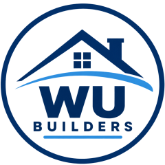 Wu Builders logo featuring a stylised house roof, chimney and window in a modern blue design.