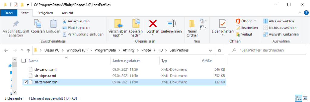 Auflistung des Ordnerinhalts des Ordners "C:\ProgramData\Affinity\Photo\1.0\LensProfiles" mit den Dateien slr-canon.xml, slr-sigma.xml und slr-tamron.xml mit den Objektivkorrekturdaten meiner Objektive.