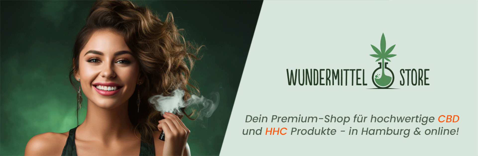 Wundermittel.Store Banner: Logo neben Frau mit HHC Vape