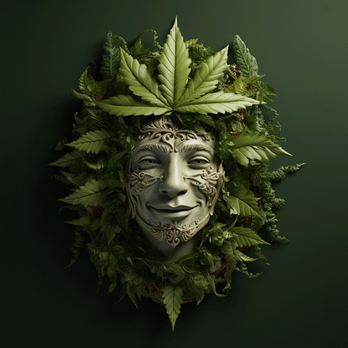 Ein lächelndes THCP Gesicht inmitten von Cannabisblättern