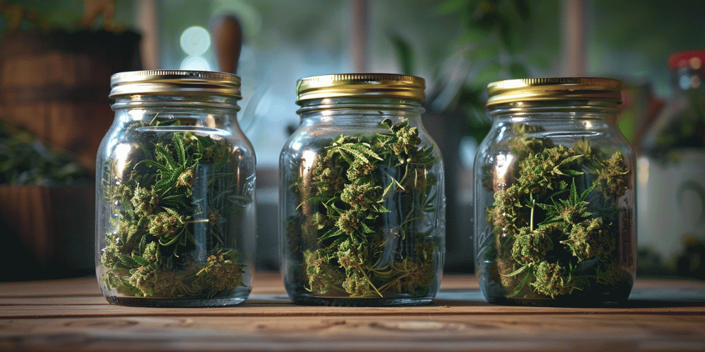 Cannabis-Buds beim Aushärten in Einmachgläsern