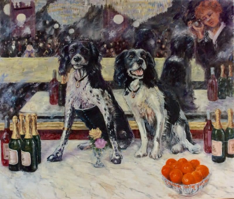 Lottie and Sukie at the Folies Bergere (Dogs painted in Impressionist style)