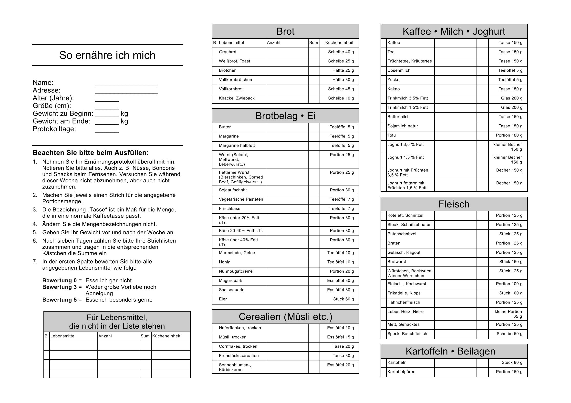 Lebensmitteltabelle zum Ausfüllen der aufgenommenen Nahrungsmittel