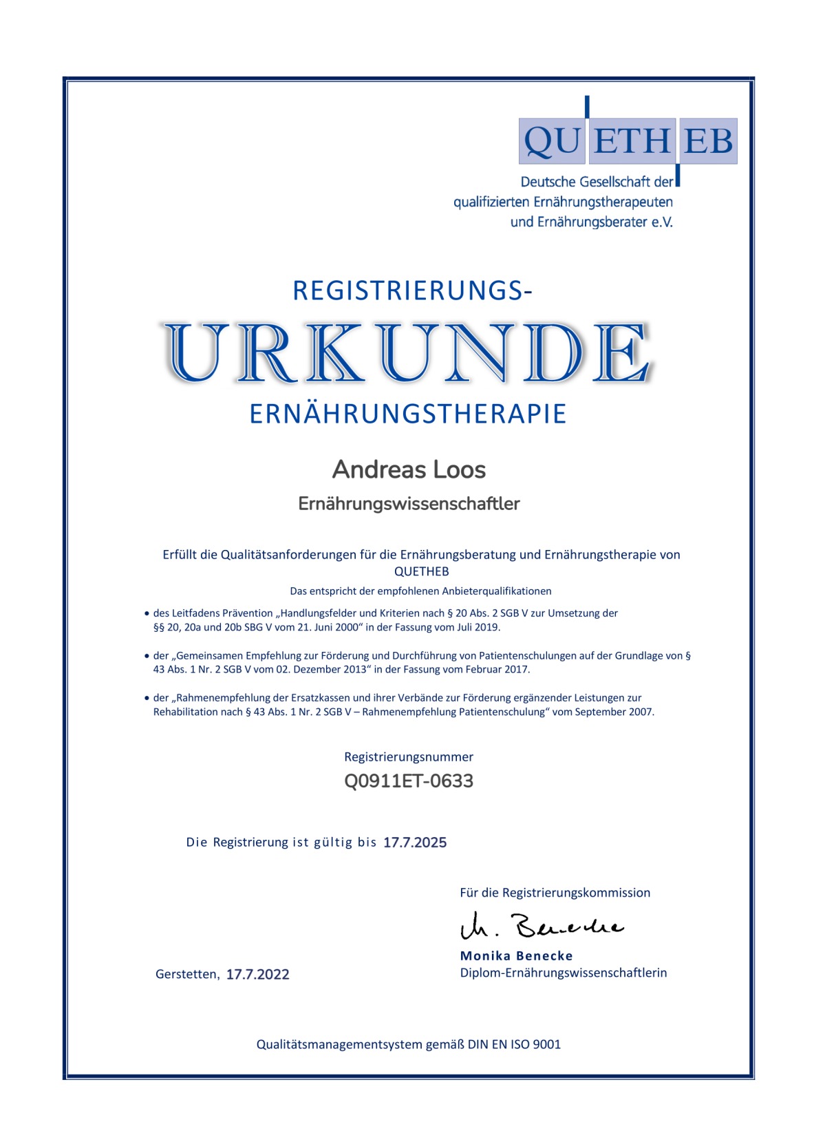 QUETHEB Urkunde zur Berechtigung zur Durchführung von Ernährungstherapie