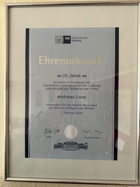 25 Jahre Firma Andreas Loos Ehrenurkunde der HK Hamburg