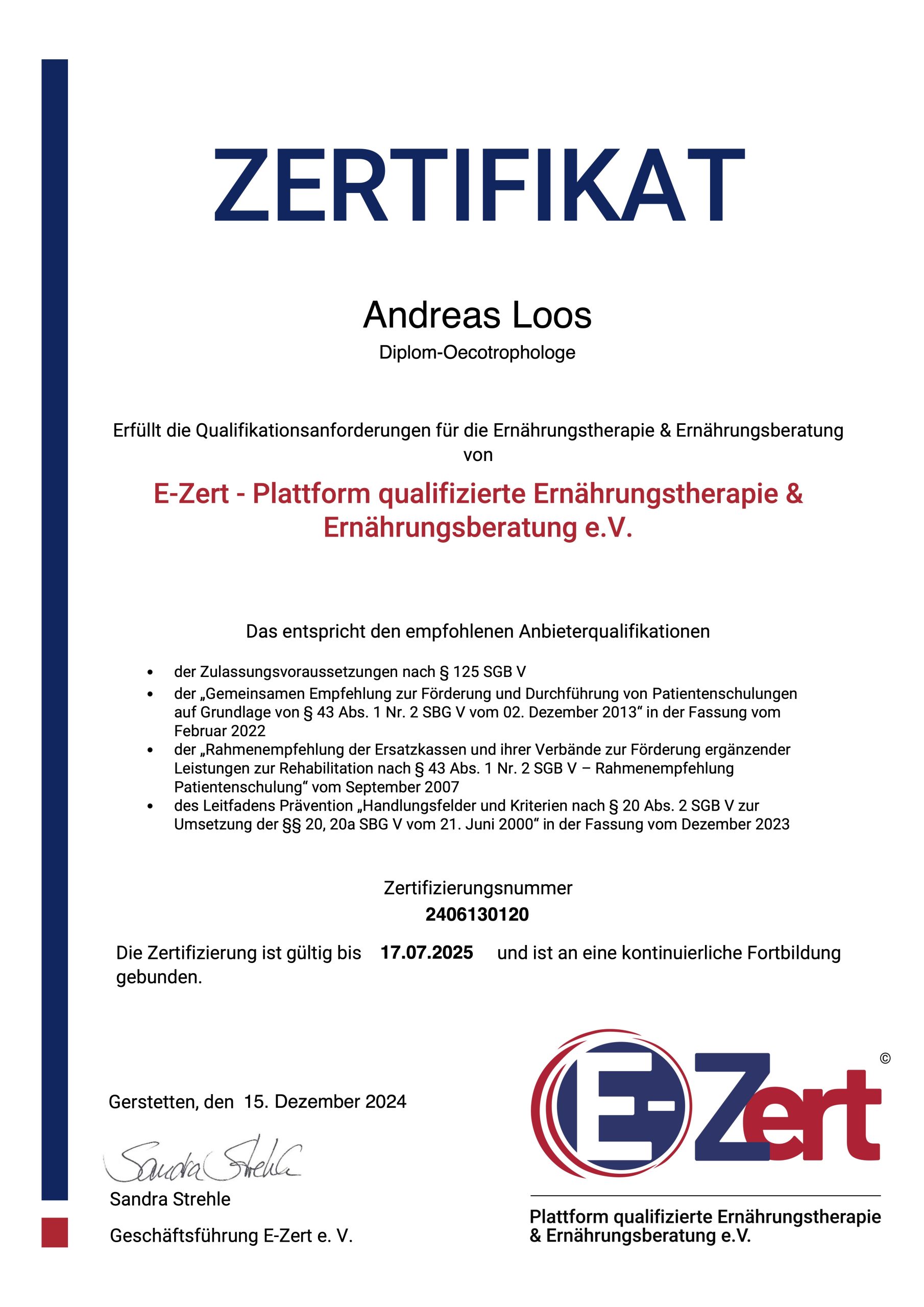 E-Zert Zertifikat Andreas Loos - Ernährungstherapie und Ernährungsberater Hamburg