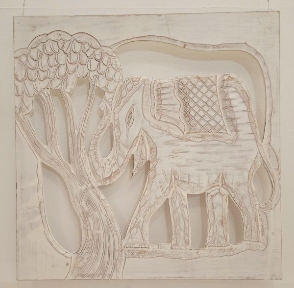 Väggdekoration, handsnidad unik elefant 60 x 60 cm vit
