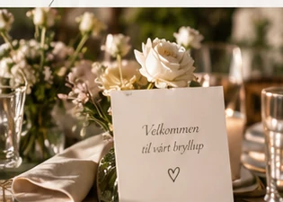 Elegant bryllupsbord med blomster og velkomstkort
