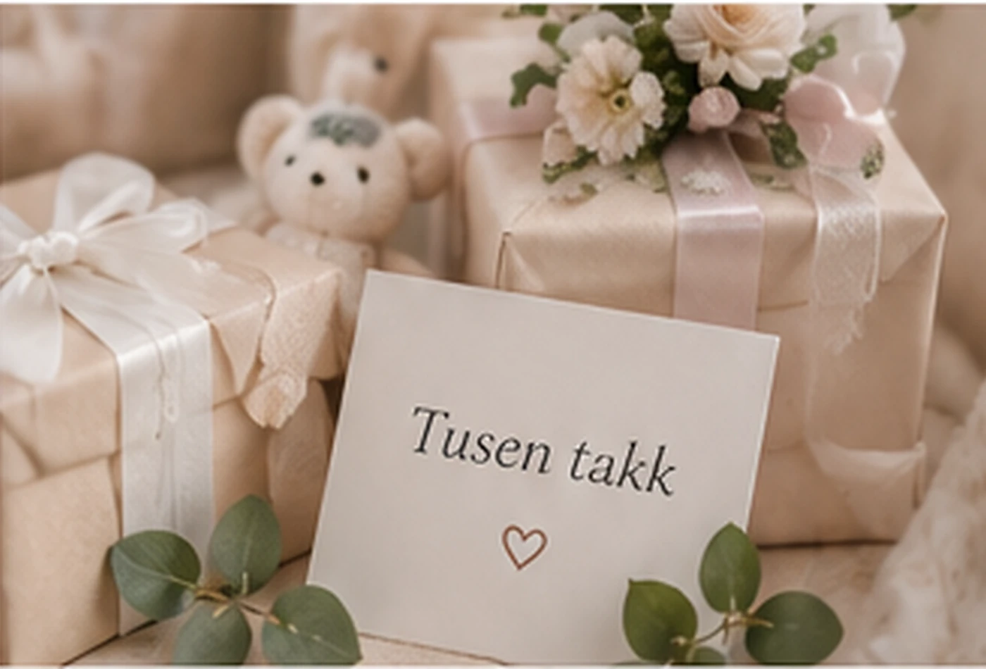 Lyse dåpsgaver, blomster og et kort med teksten Tusen takk