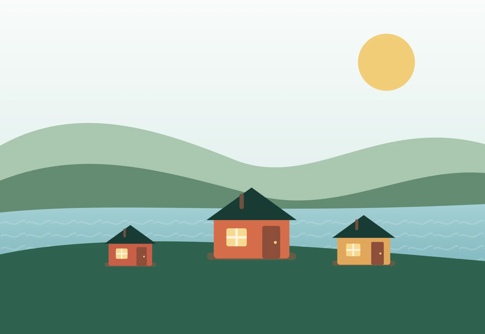 Illustrasjon av fjordhytter ved vannet