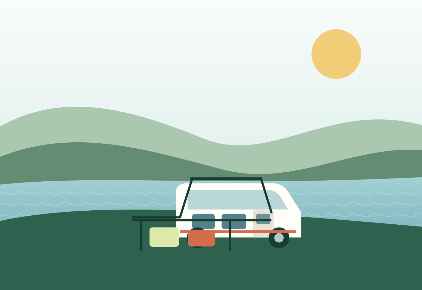 Illustrasjon av campingvogn på en plass ved vannet