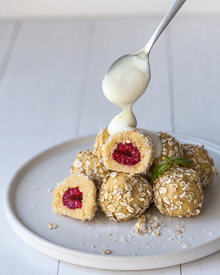 vegan curd cheese dumplings filled with raspberries