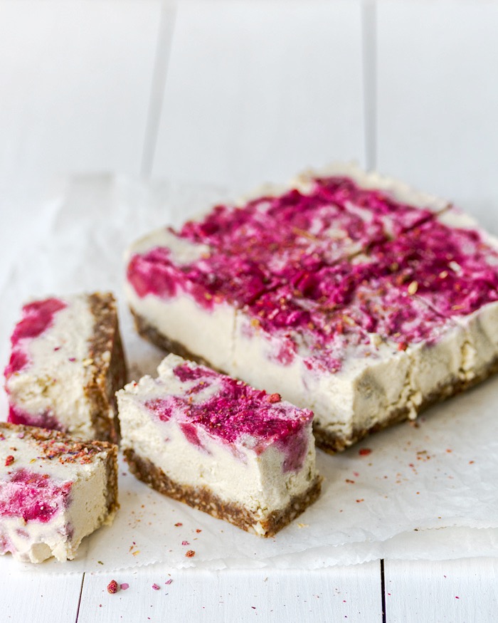vegan rhubarb & raspberry cheesecake