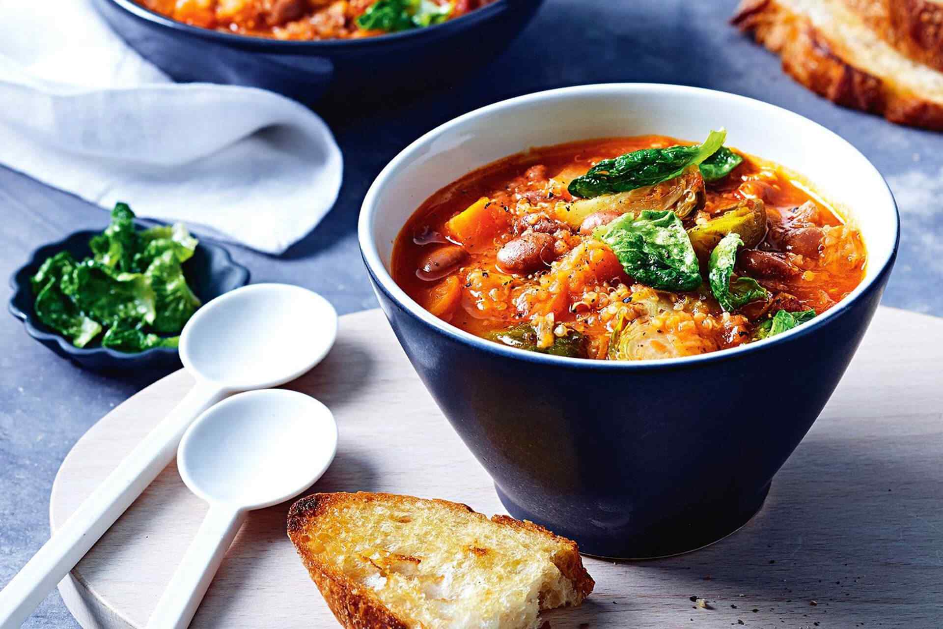 Minestrone with quinoa and brussels sprouts with cooked brown rice