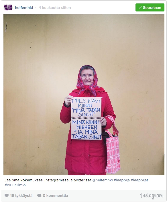 Older woman holding two pieces of paper: "A man caught up on me: 'I will kill you'" - "I turned to the man: 'And I will kill you'" - The caption reads: Share your experiences on Instagram or Twitter
