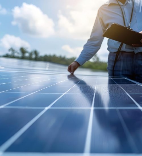 A team of financial experts conducting an audit in a large solar power plant to assess investment sustainability and returns A team of financial experts conducting an audit in a large solar power plant to assess investment sustainability and returns