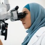 Female Dentist Doctor In Hijab Working With Modern Dental Microscope In Clinic
