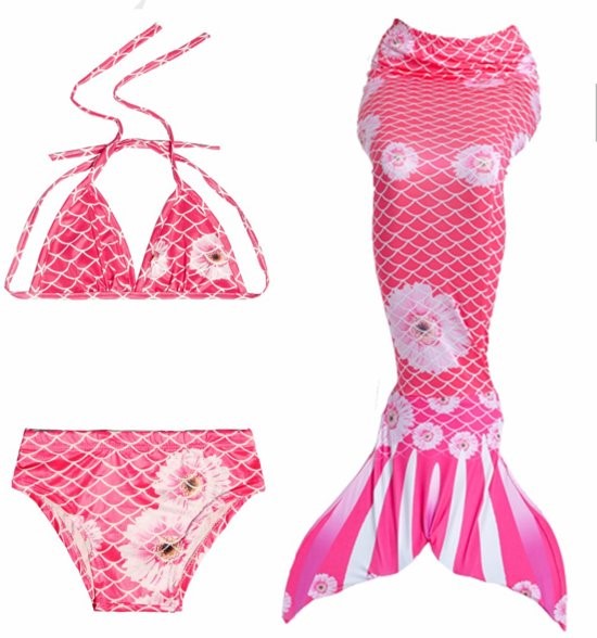 standaard Zeemeerminstaart PINK FLOWER met monovin + bikini (maat  140)