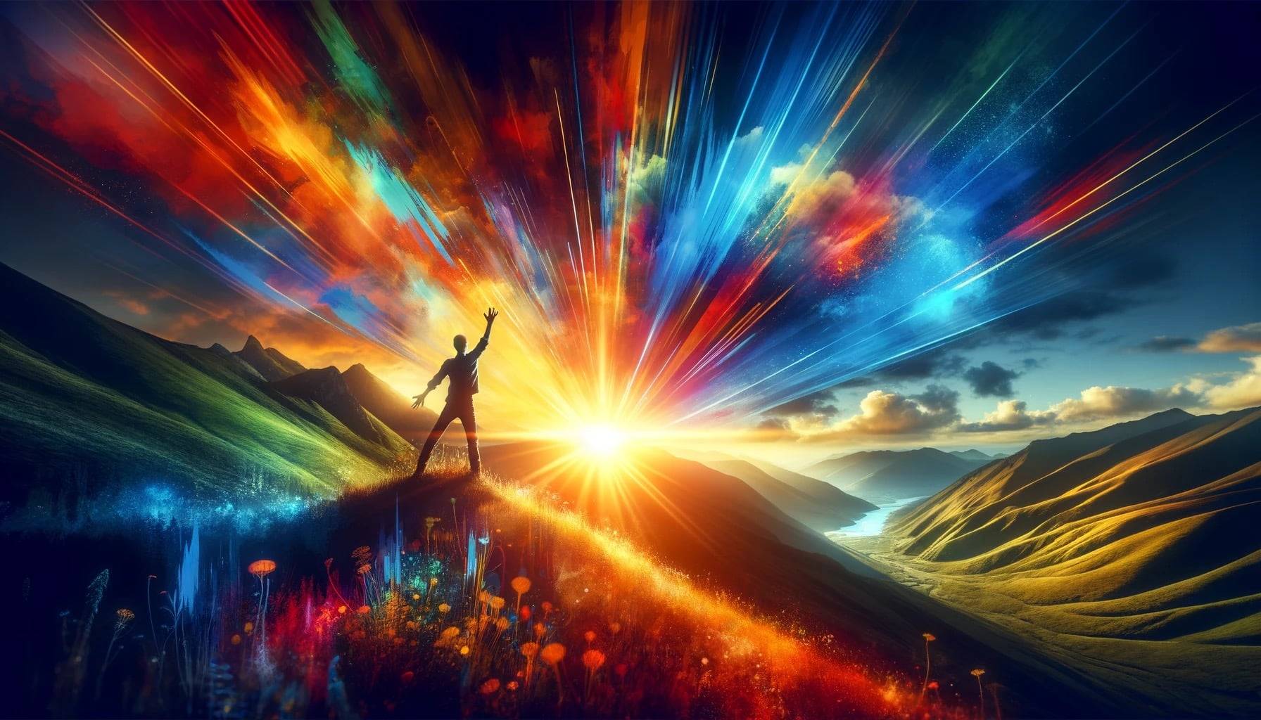 DALL·E-2023-11-16-16.26.41-A-dynamic-and-colorful-image-showing-a-young-person-standing-on-a-hilltop-arms-raised-high-looking-towards-a-rising-sun.-The-image-symbolizes-hope-