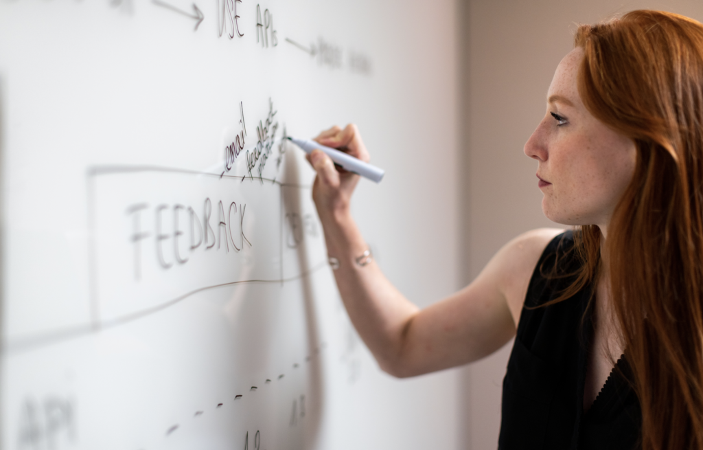 A whiteboard with the word 'feedback' written in the middle with written notes around it