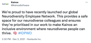 Twitter post announcing the Kainos Neurodiversity Employee Network launch