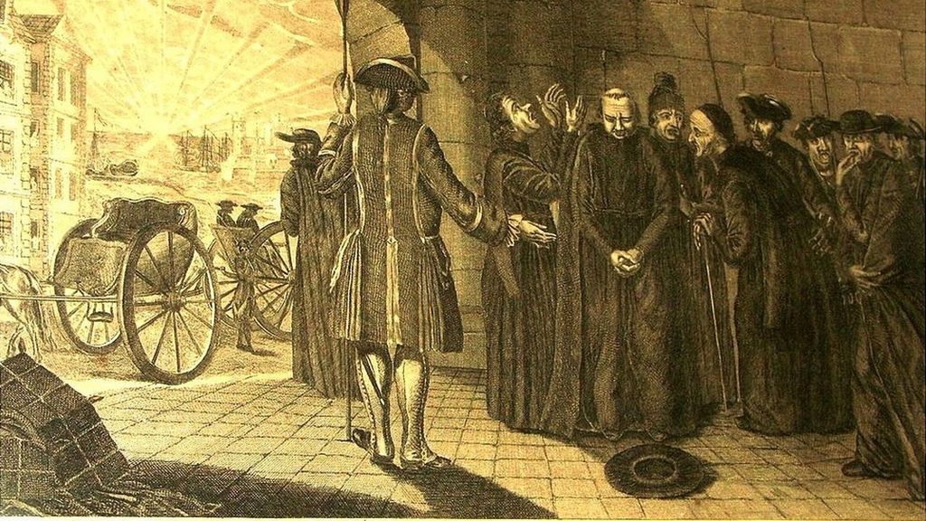 Expulsión y embarque de los jesuitas de los estados de España, por orden de Su Majestad Católica el 31 de marzo de 1767, grabado francés.