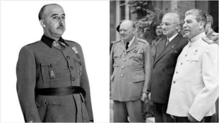 Franco (izquierda), junto a una imagen de Stalin, Truman y Churchill (de dcha. a izda.), durante la Conferencia de Potsdam en 1945