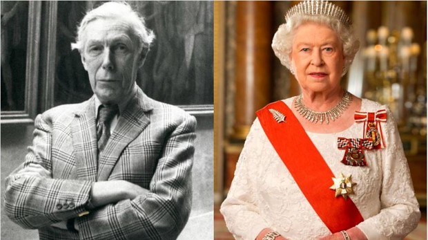 Imagen del verdadero Anthony Blunt en 1979 (izquierda), que aparece en «The Crown» interpretado por Samuel West, junto a la Reina Isabel II - EFE