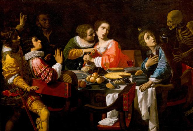 “La muerte viene a la mesa del banquete”, de Giovanni Martinelli, una pintura del siglo XVII muy alegórica de la época (Wikimedia)
