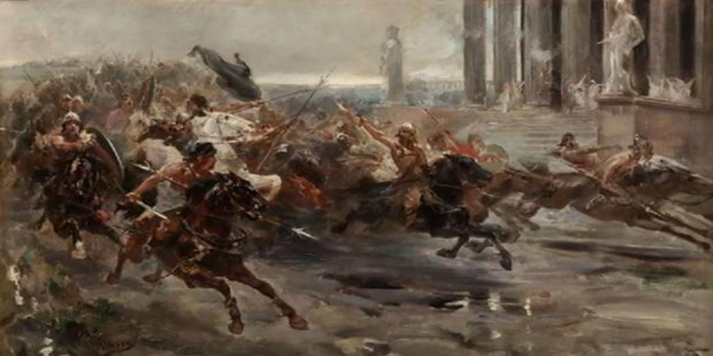 Cuadro «La invasión de los bárbaros», boceto de Ulpiano Checa, 1887 - Vídeo: La violación a la hija de Don Julio hizo avanzar la conquista musulmana