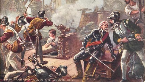Pintura del Revenge con Grenville, en medio de la batalla contra Alonso de Bazán - W.H. OVEREND